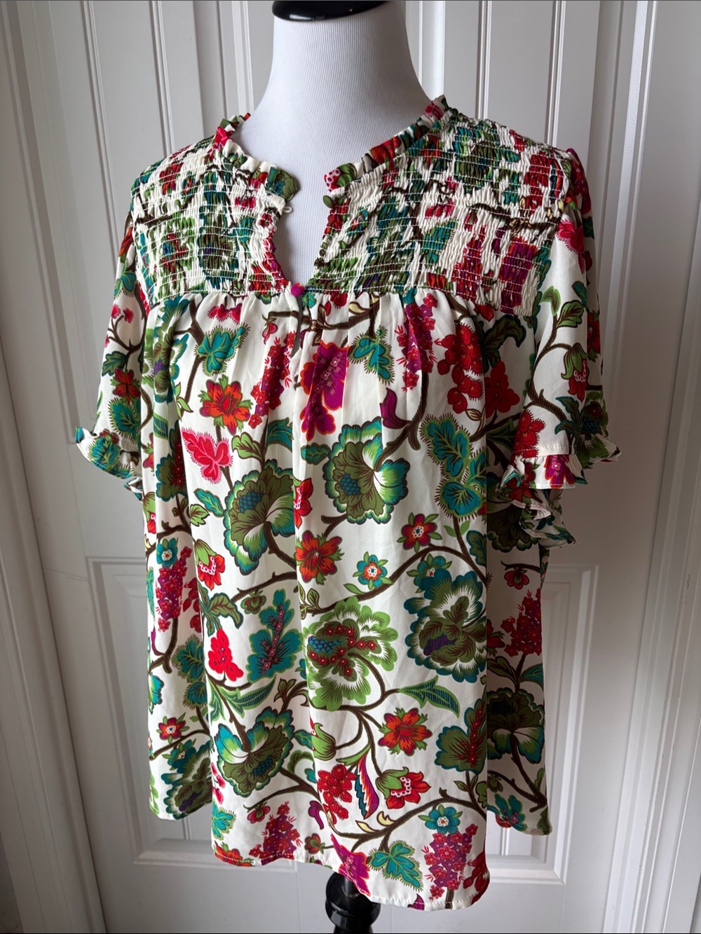 Rose & Olive Ivory Floral Smocked-Yoke Blouse with Green & Red Accents - Picture 7 of 8